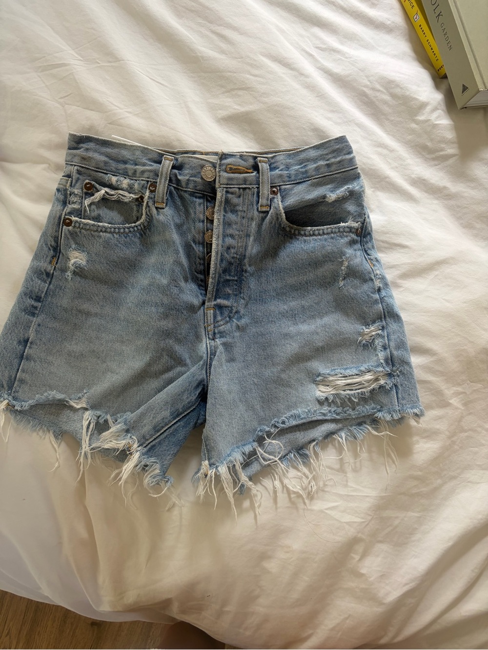 Agolde Light Blue Distressed High-Rise Denim Shorts